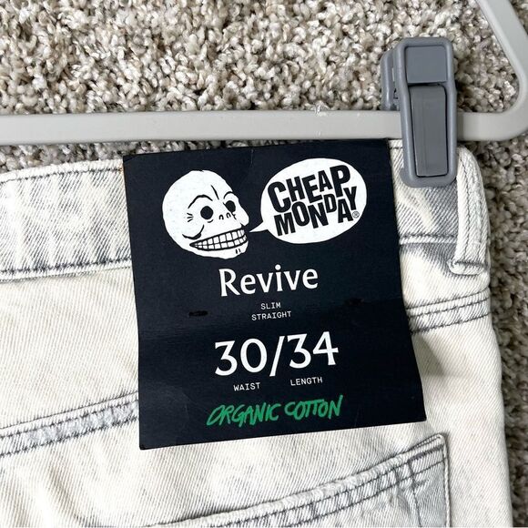 Cheap Monday Jeans Men’s 30x34 Average White Revive Slim Straight Raw Hem NWT - Picture 7 of 8